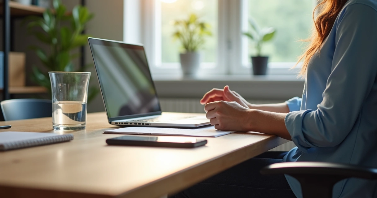 Person seated at a desk with feet grounded and hands resting calmly
