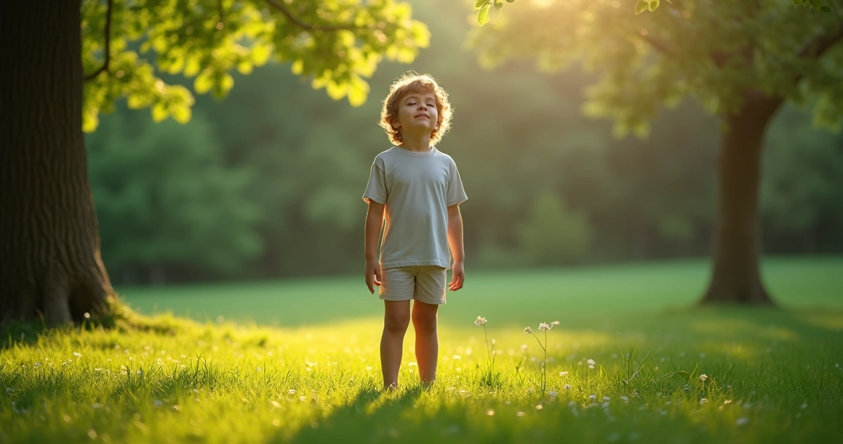 Person standing barefoot on grass surrounded by nature, focusing on breath 