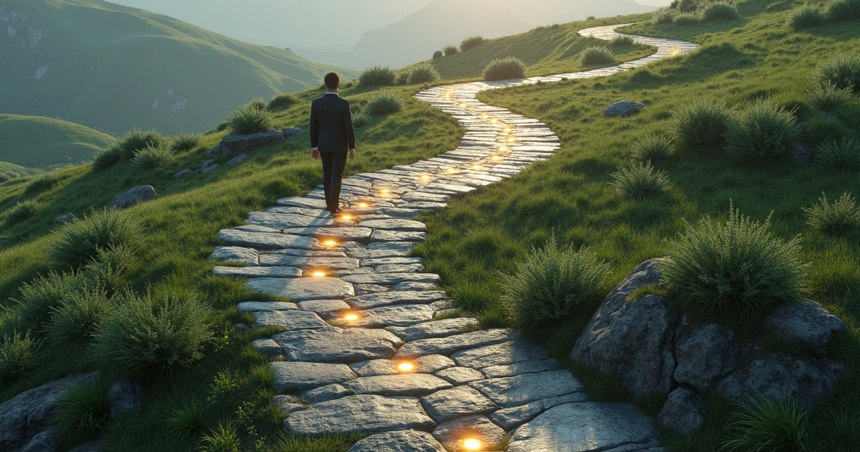 Human figure surrounded by milestones along a curving path