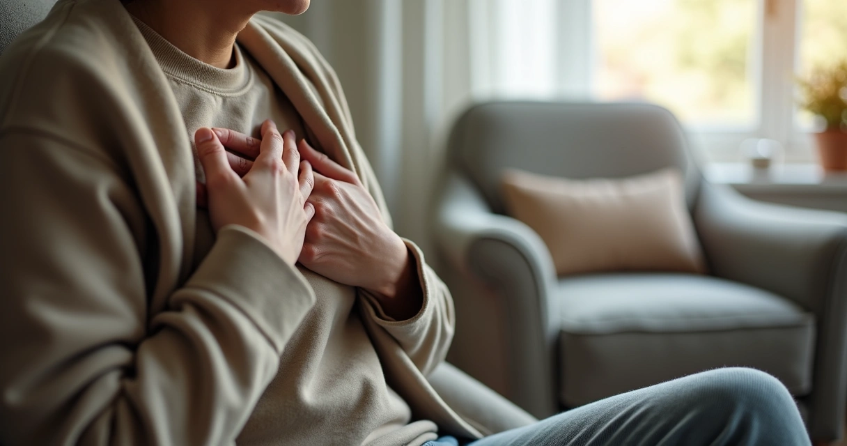Hands resting over the chest during a calming pause
