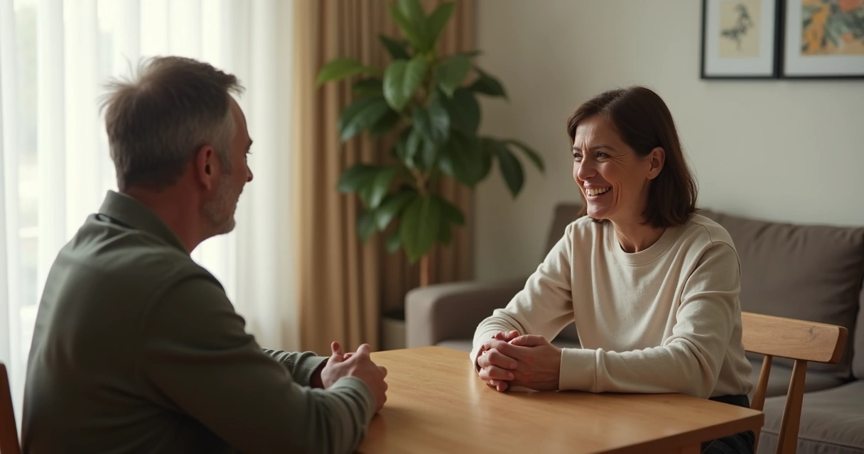 Person smiling in conversation while hiding discomfort 