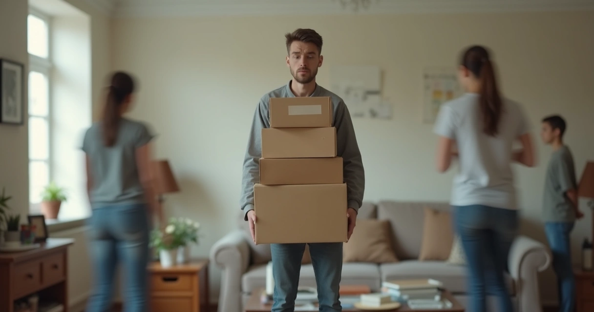 Person carrying stacked boxes while looking drained in a home setting 
