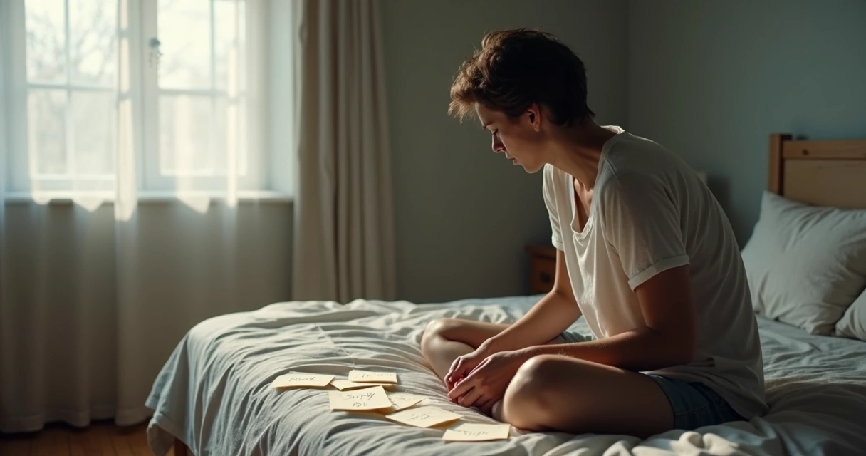 Adult sitting alone with notes of blame around them 