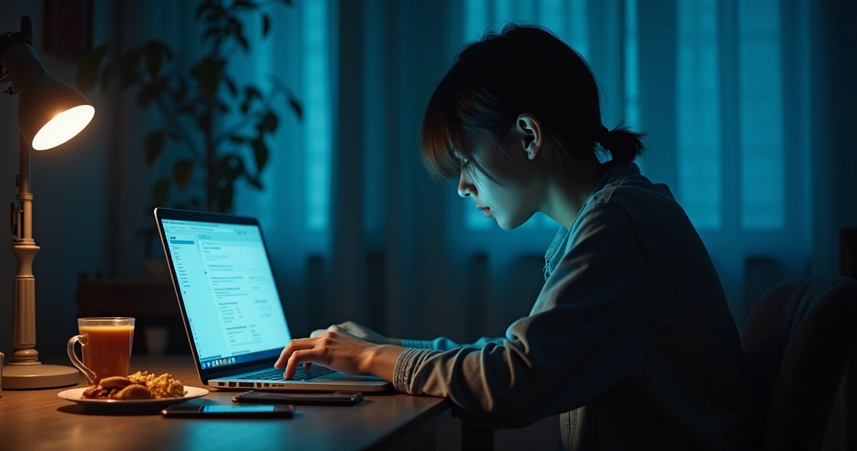 Person at desk ignoring signs of fatigue while working late