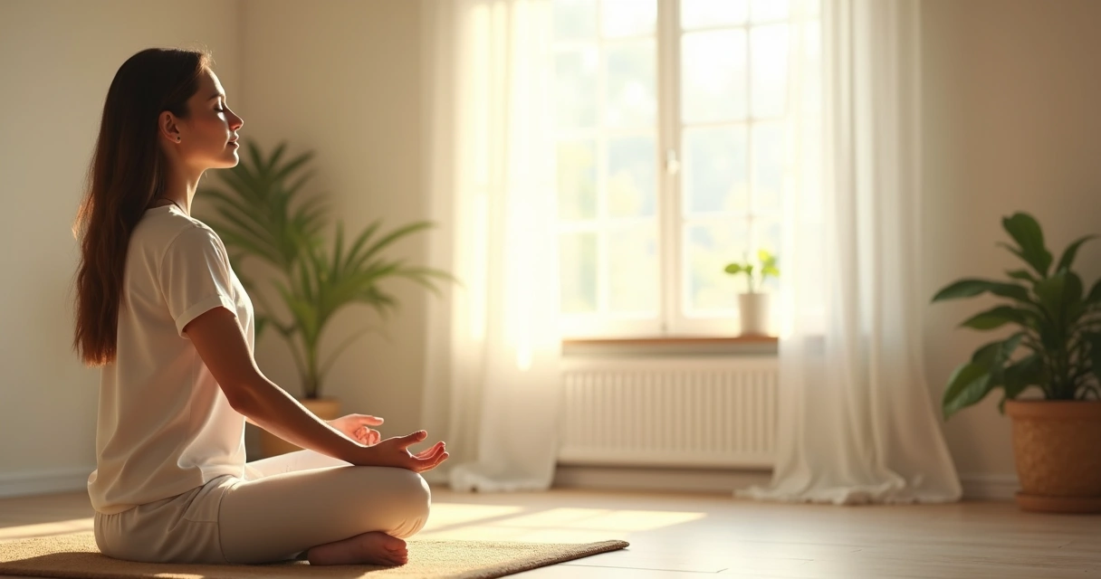 Person sitting in a bright calm room meditating 