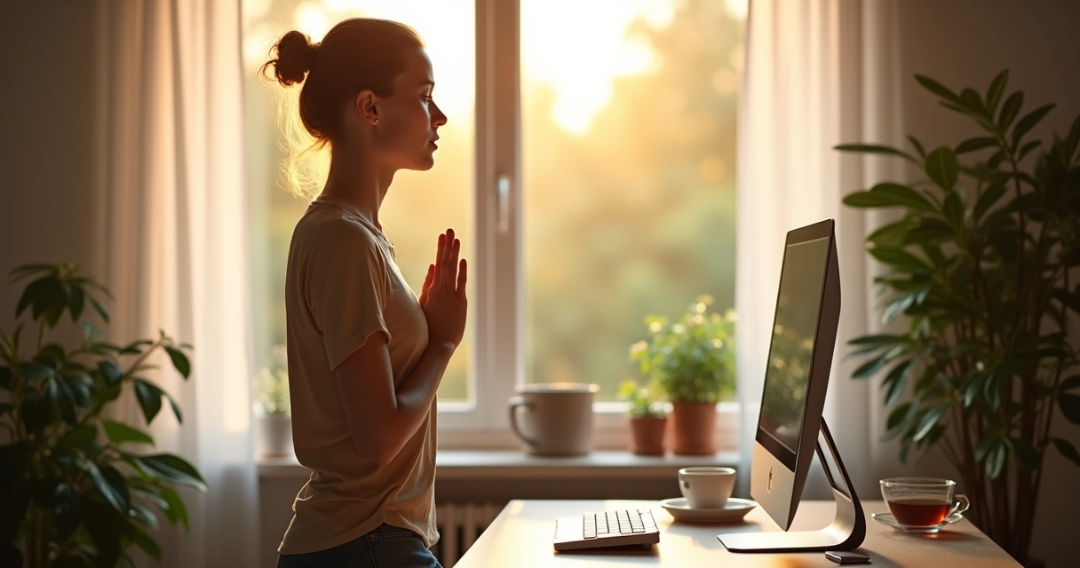 Person pausing for breath training before starting work 
