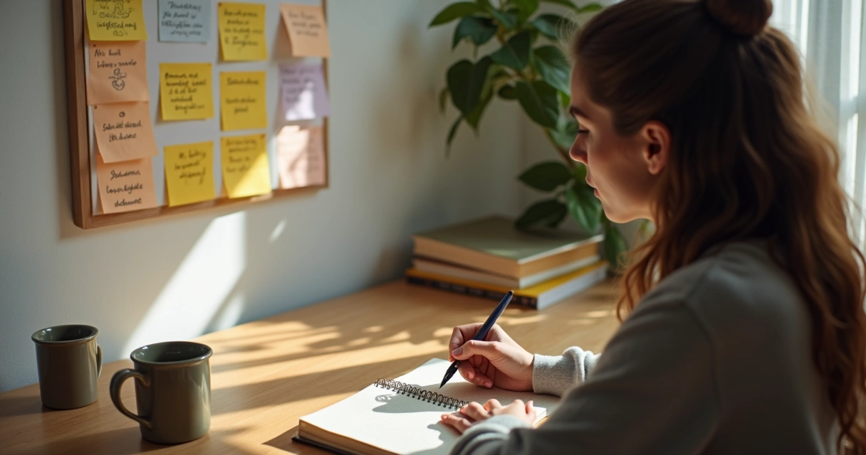 Person writing in a journal beside sticky notes and a mirror reflection 