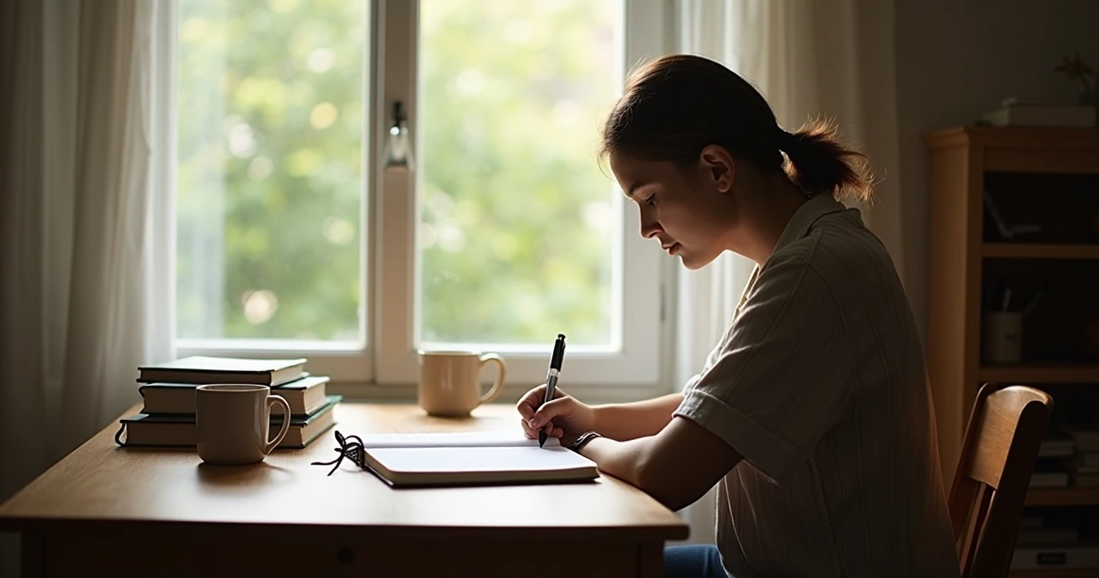 Person writing in a journal, reflecting by a window 