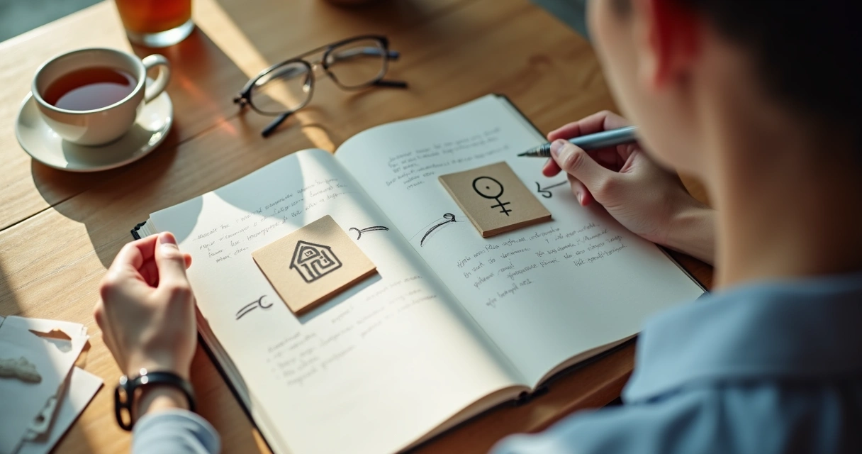 Person writing in a journal beside two choice cards