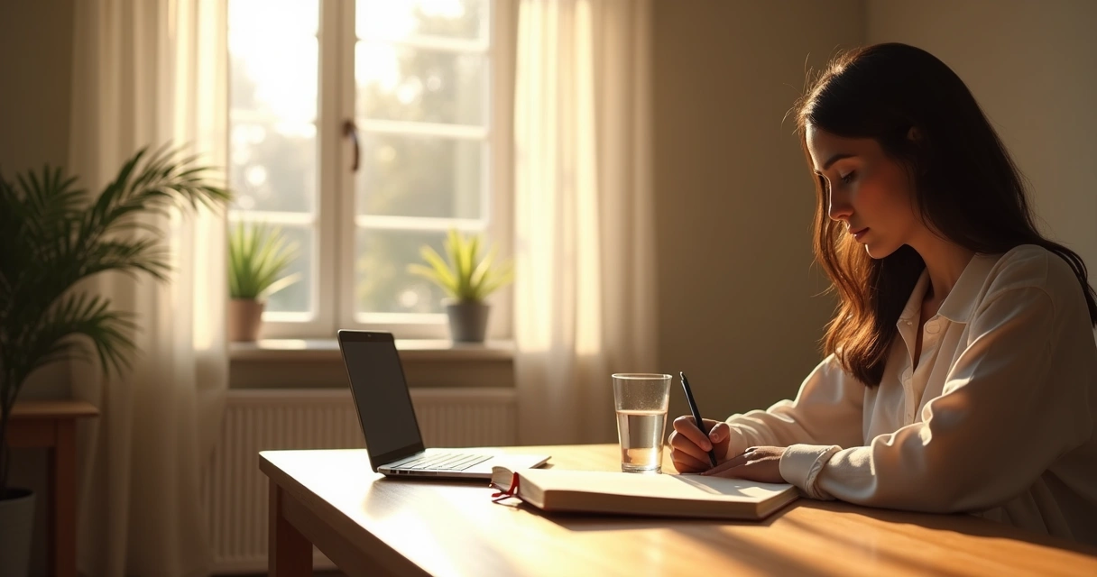 Person writing in a journal by a window