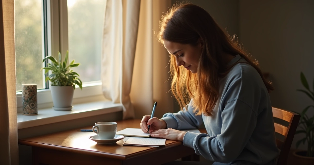 Person writing in a journal near a window after a difficult conversation 