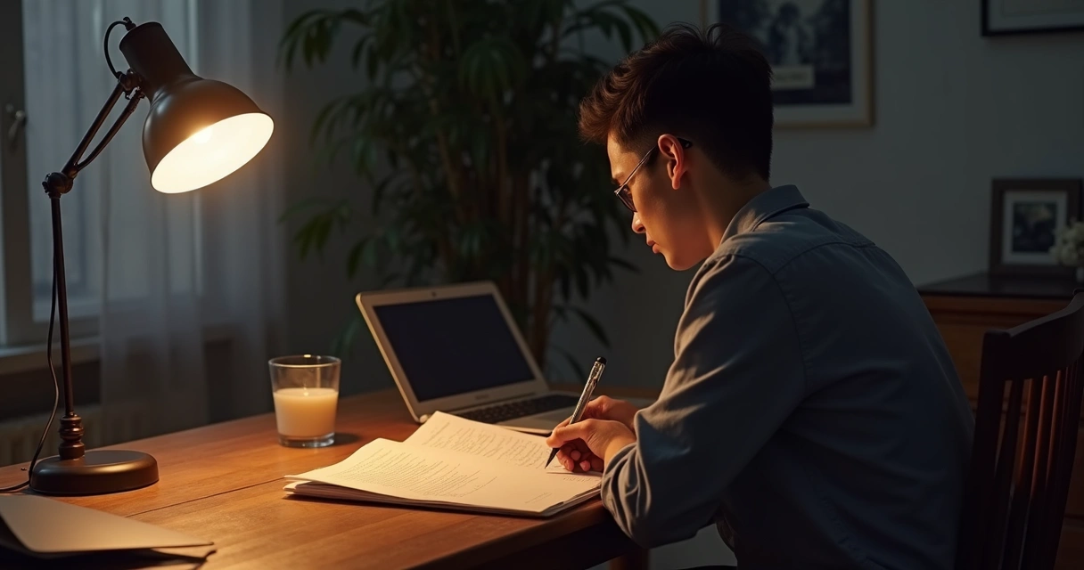 Person writing in a notebook after reviewing feedback alone 