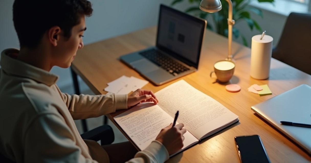 Person writing in a journal beside sticky notes and a cup of coffee
