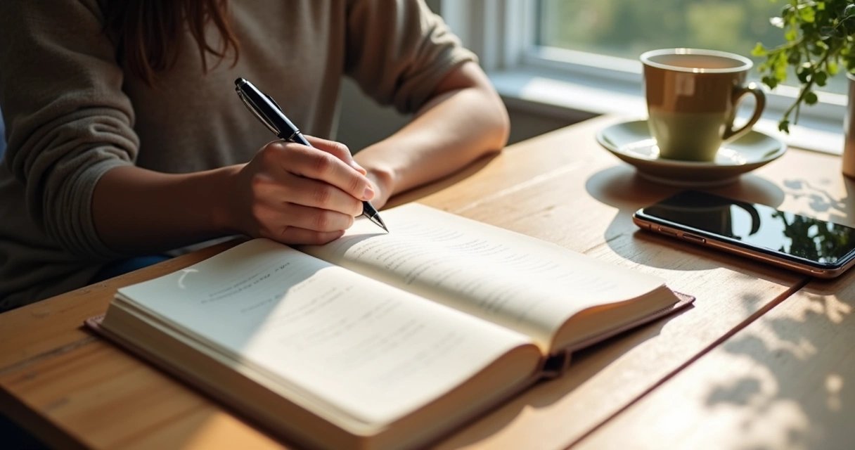 Person writing in a journal beside tea and a phone on a quiet desk