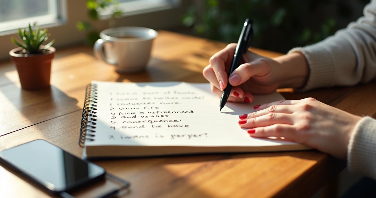 Notebook, tea cup, and hands writing reflective questions at a table