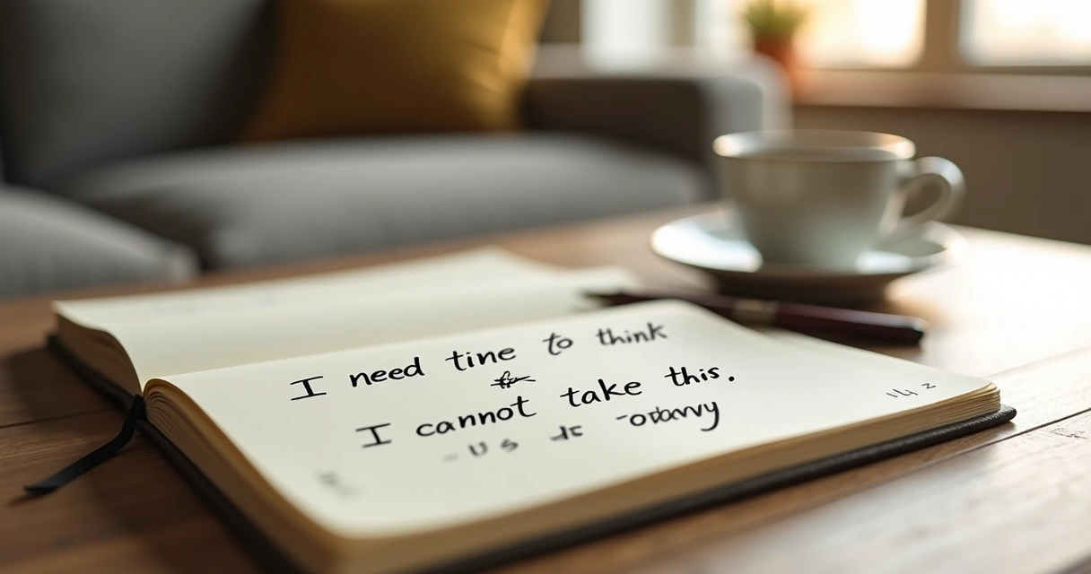 Notebook with boundary phrases beside tea and a calm window 