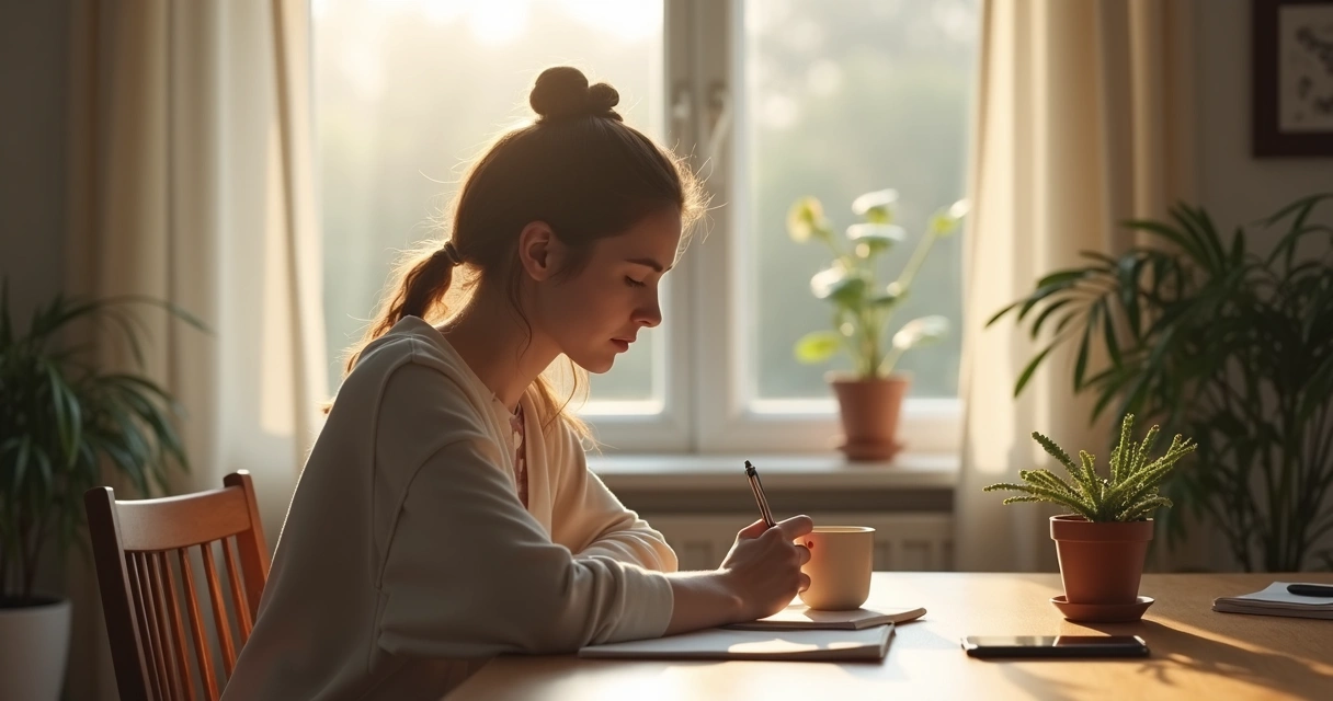 Person writing in a journal by a window