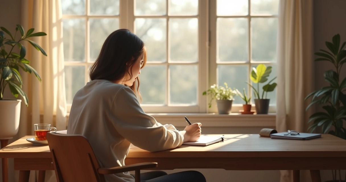 Person writing in a journal by a window with soft morning light
