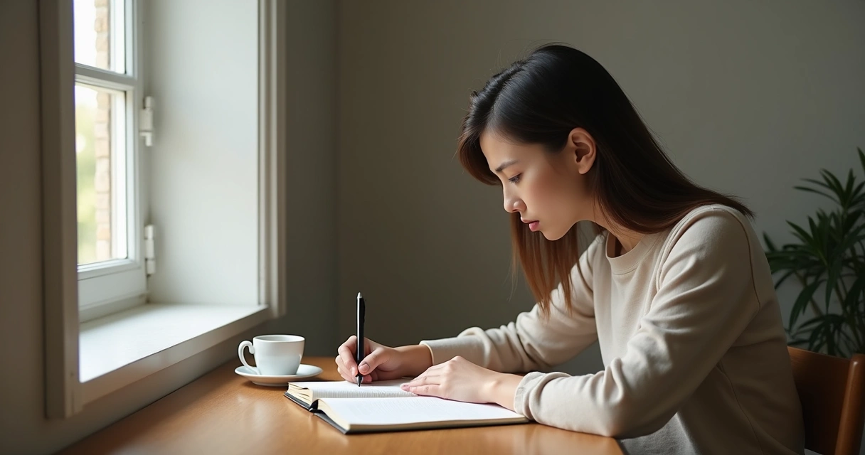 Person writing in a journal by a window in soft morning light
