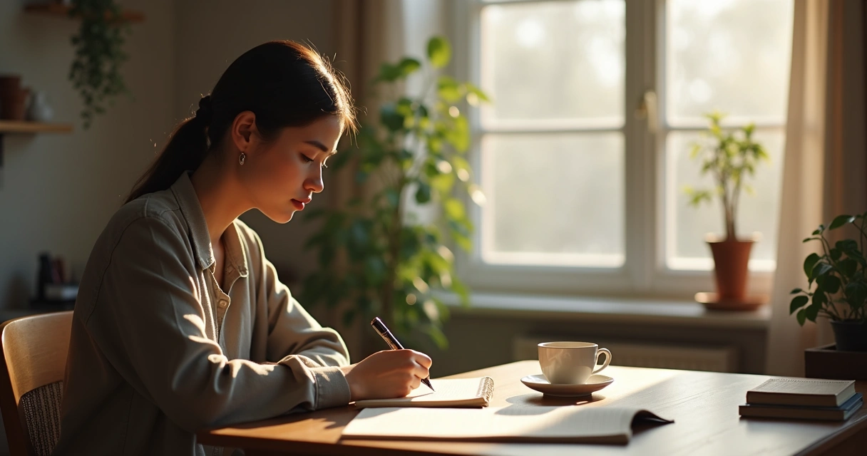 Person writing in a journal by a window with soft morning light