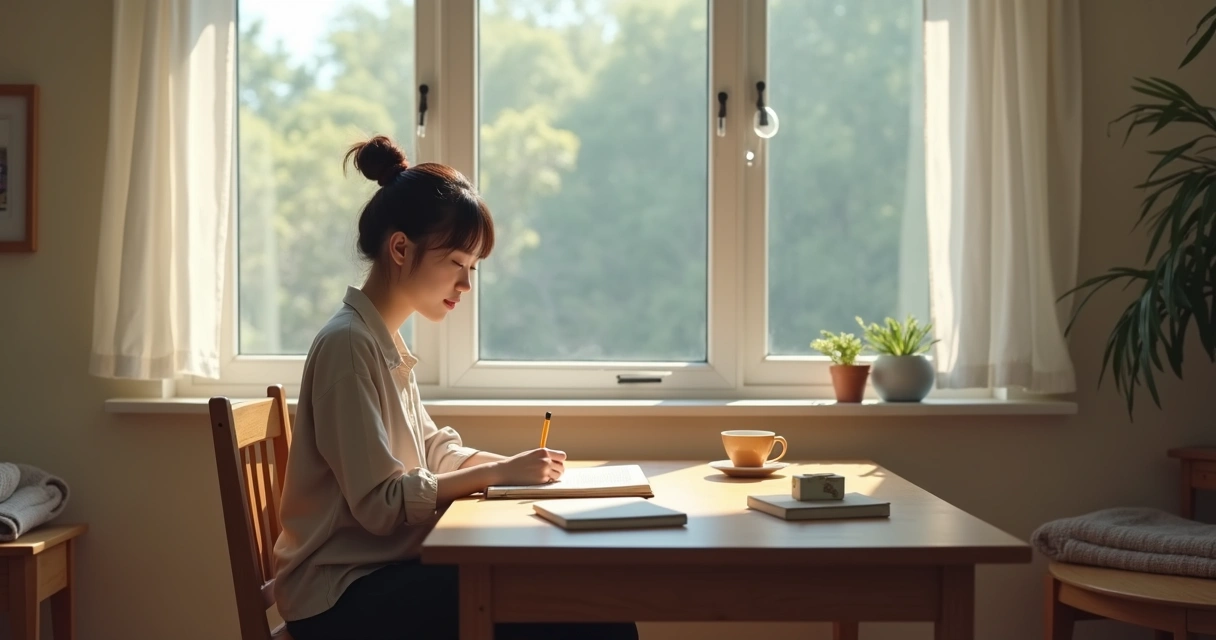 Person journaling by a window with a calm room 