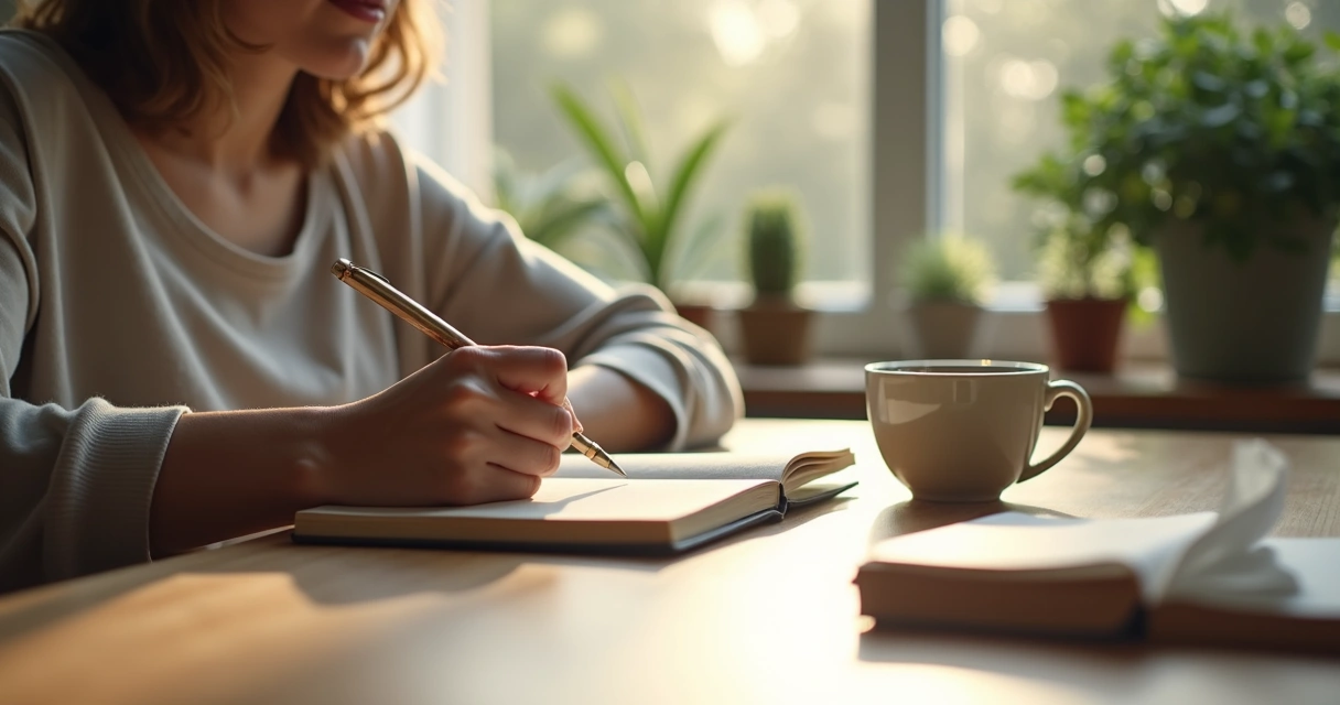 Person writing in a journal by a window with tea nearby