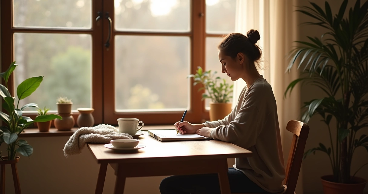 Person journaling by a window after meditation 