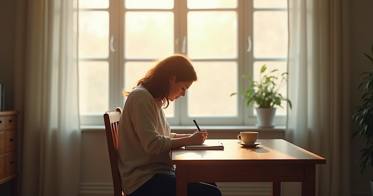 Person writing in a journal by a window 