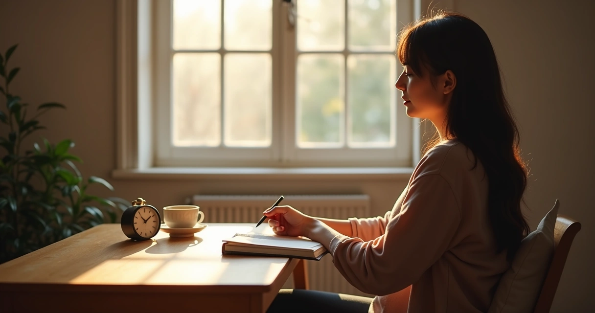 Person writing in a journal beside a window with soft morning light 