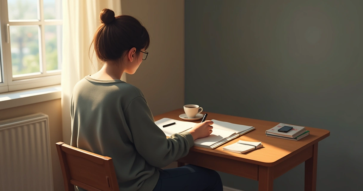Person writing in a journal by a window with soft morning light 