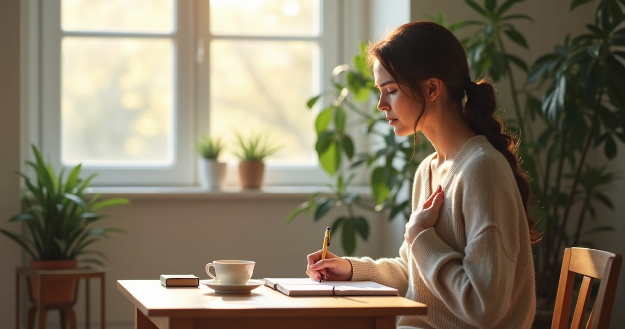 Person journaling by a window with a cup of tea 