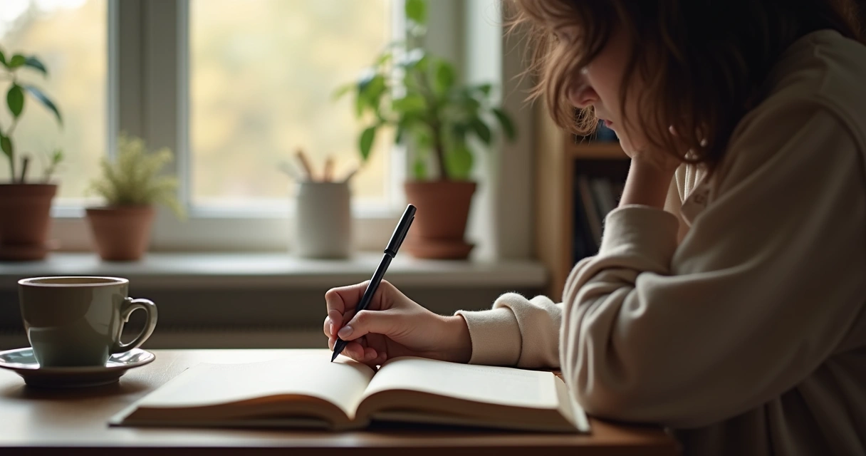 Person writing in a notebook by a window at home