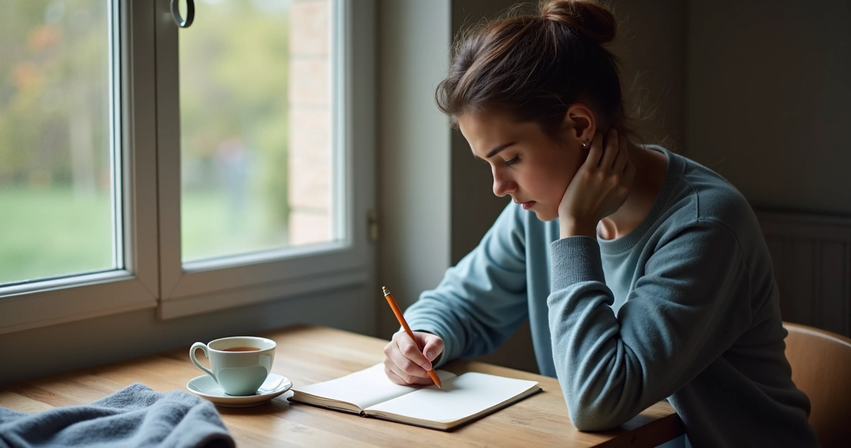 Person writing in a journal by a window with soft morning light 