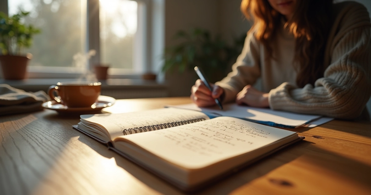 Notebook and tea on a desk by a window during reflective journaling 