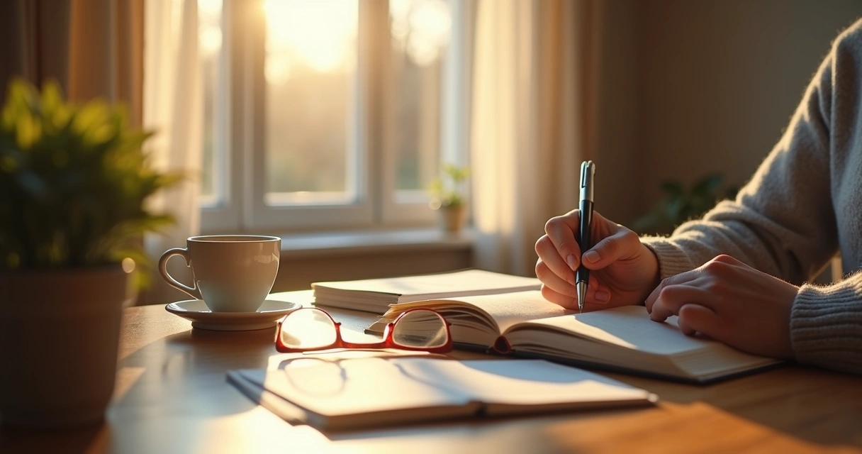 Person writing in a journal by a window