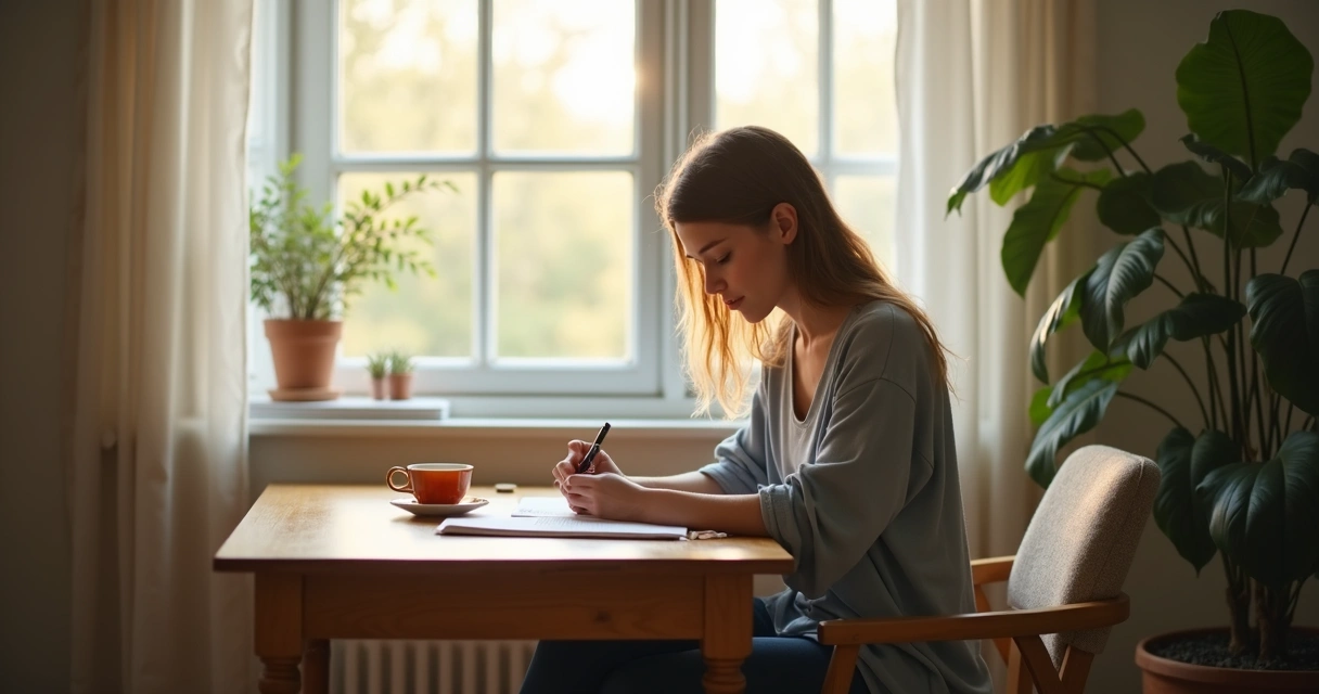 Person journaling by a window in soft morning light 