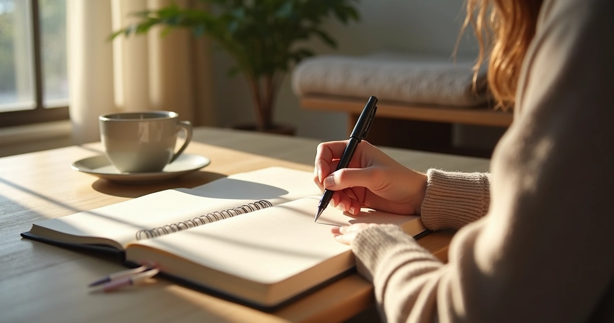Person journaling beside a window with a cup of tea 