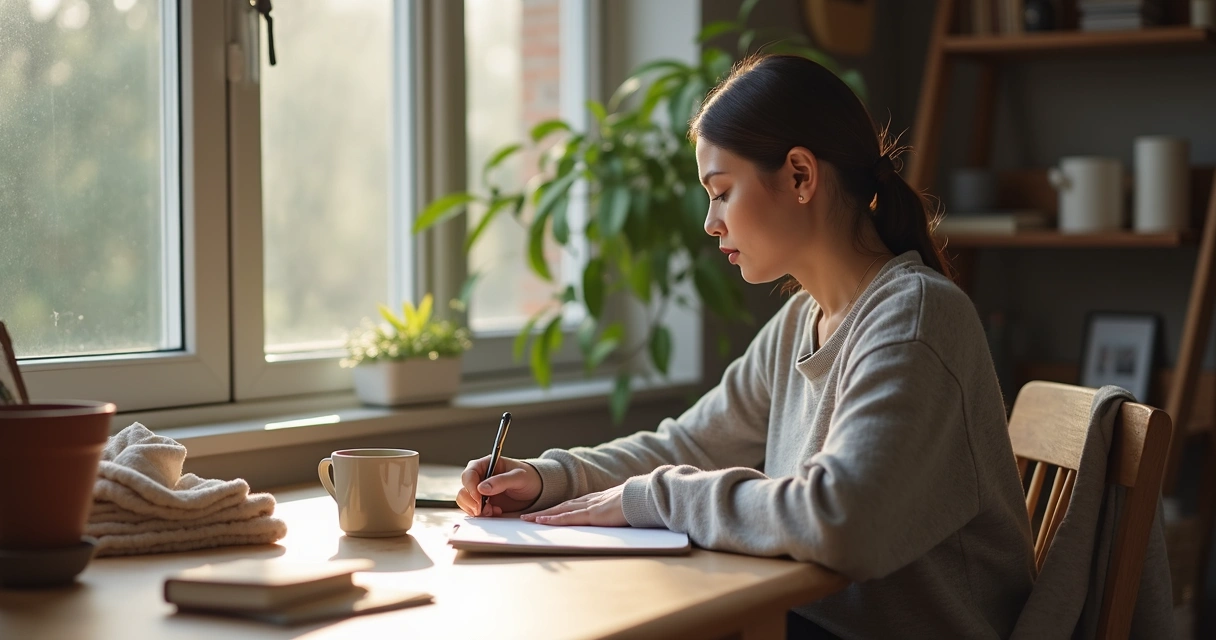 Person writing in a journal by a window with soft morning light