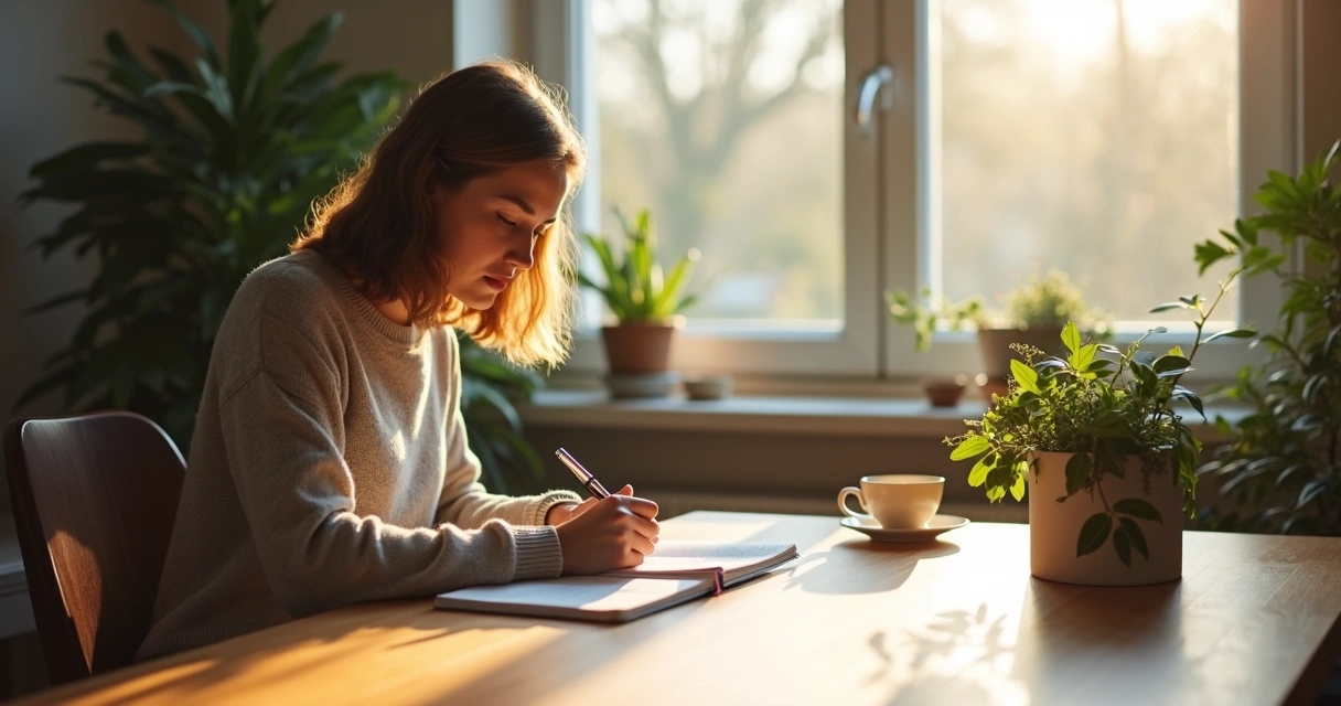 Person writes in a journal while seated at a wooden table in a peaceful home 