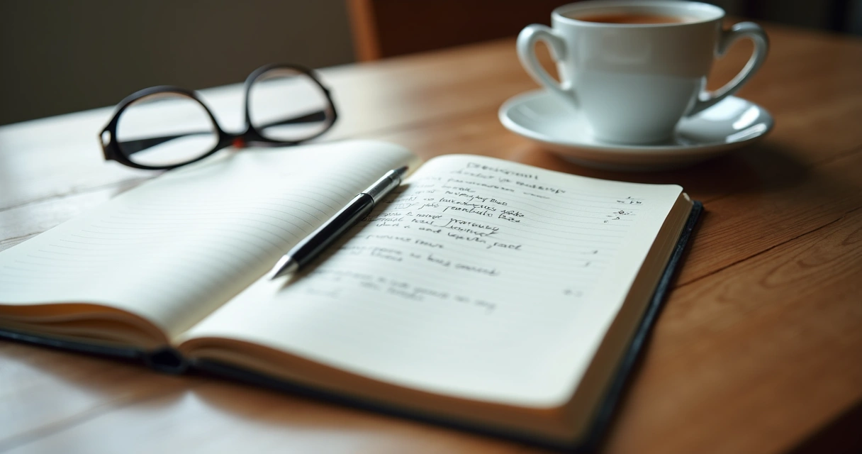 Notebook with a decision map beside a cup of tea