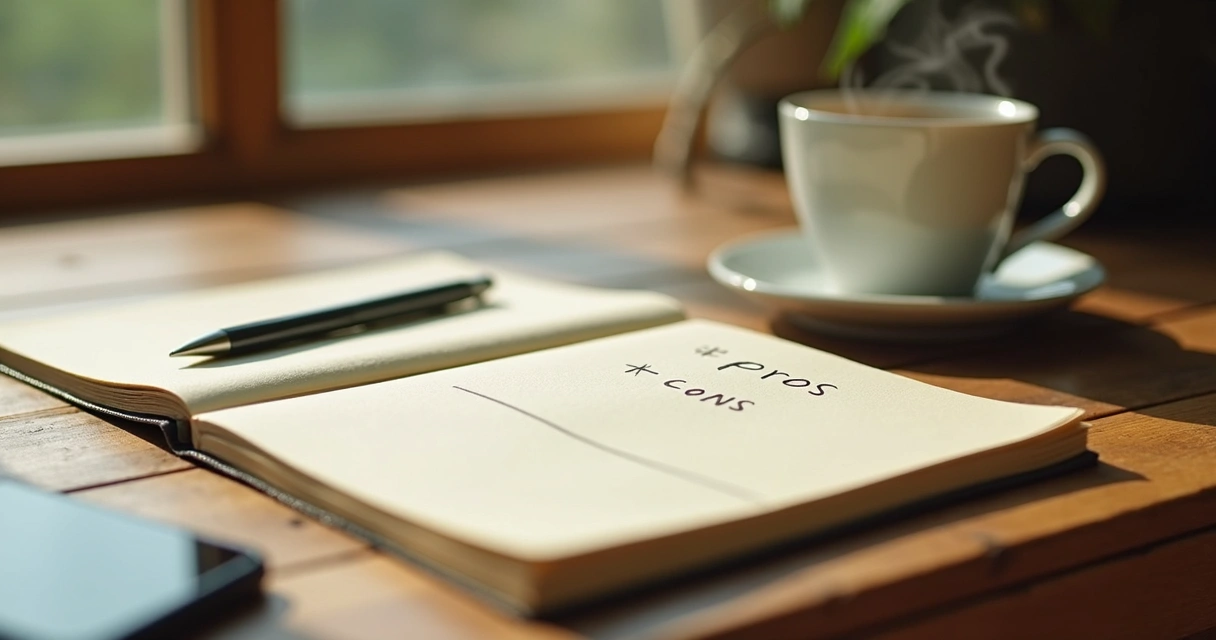 Notebook with handwritten choices beside a cup of tea