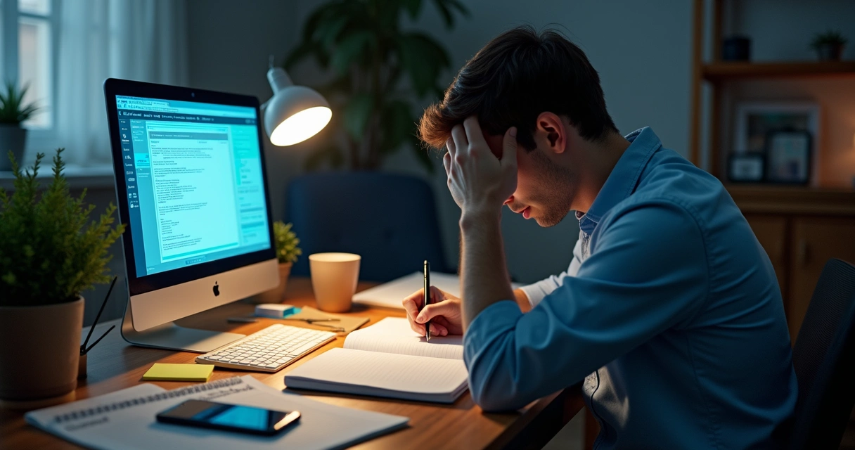 Person writing in a journal at a crowded desk 