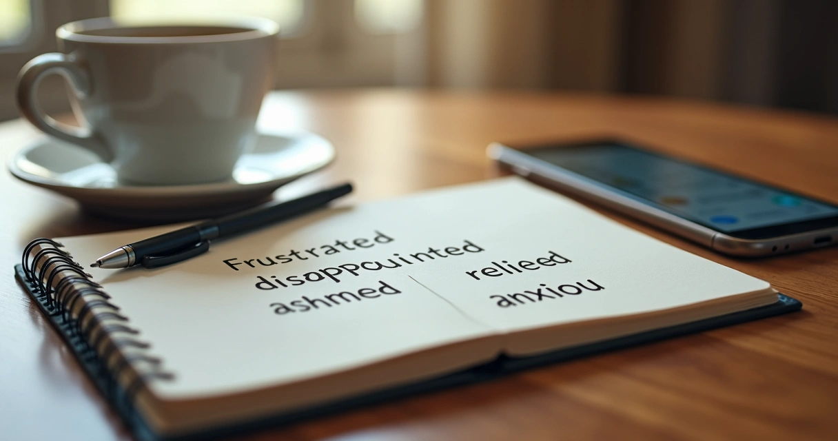 Notebook with emotion words beside a cup and phone on a table