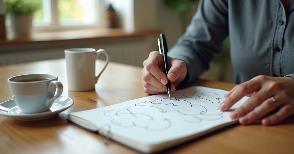 Person writing recurring family patterns in a notebook at home