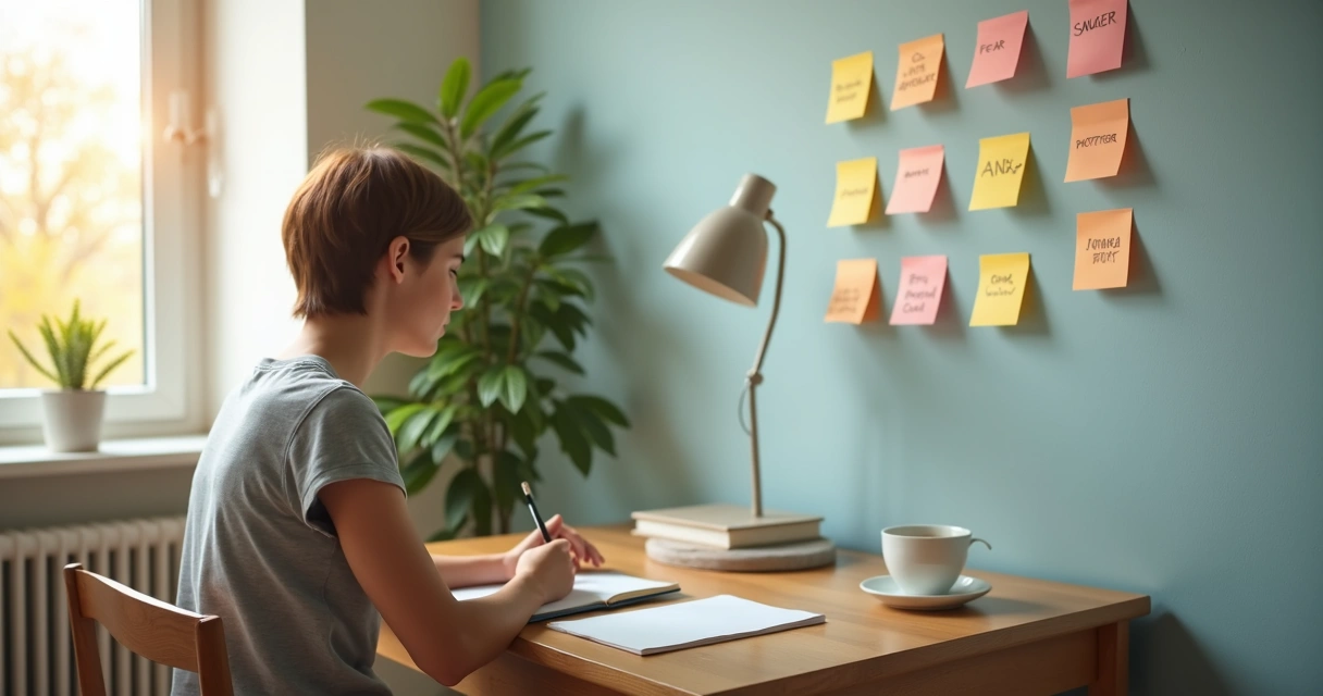 Person journaling beside sticky notes with emotions 