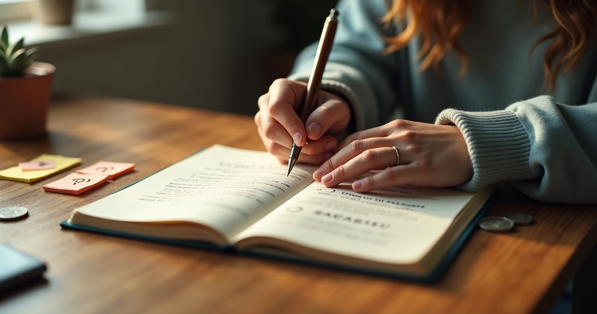Person journaling about money patterns at a desk
