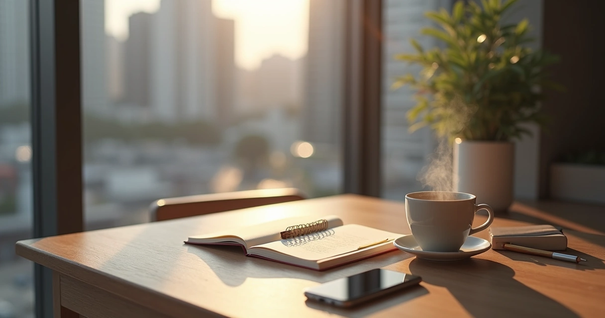 Notebook and tea beside a window during a quiet morning reflection