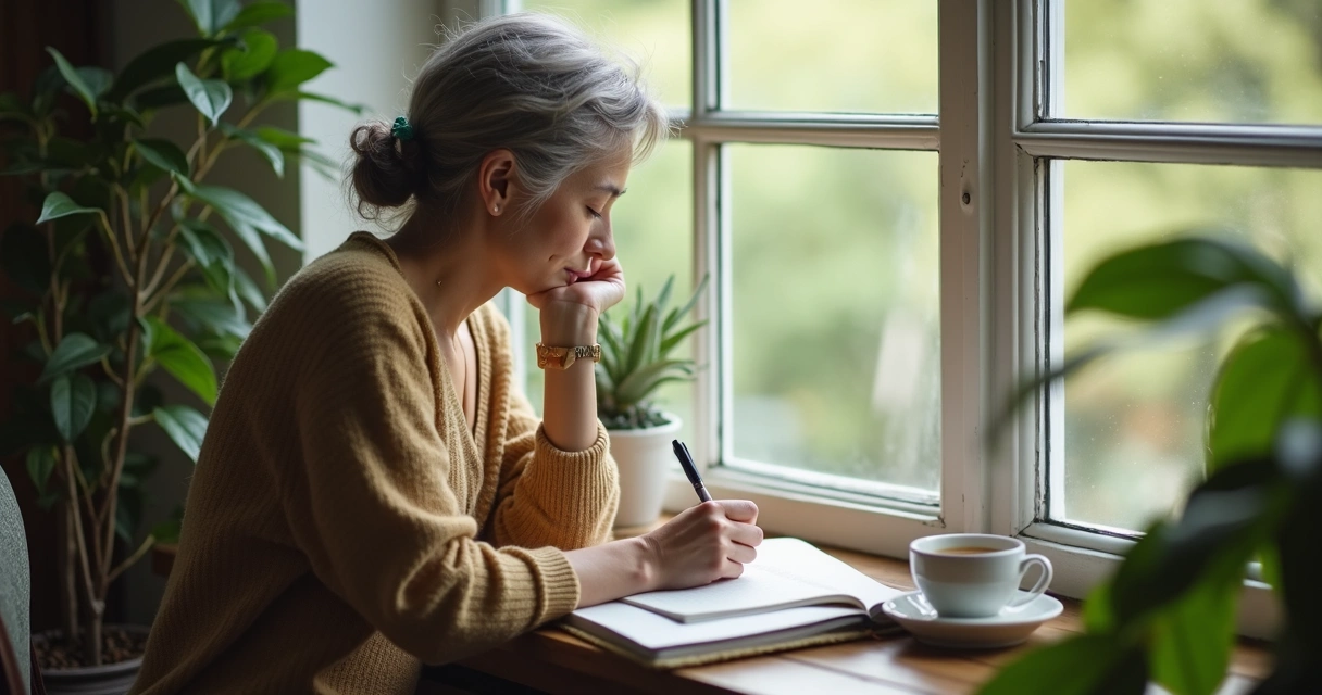 Person writing in a journal by window with soft daylight 