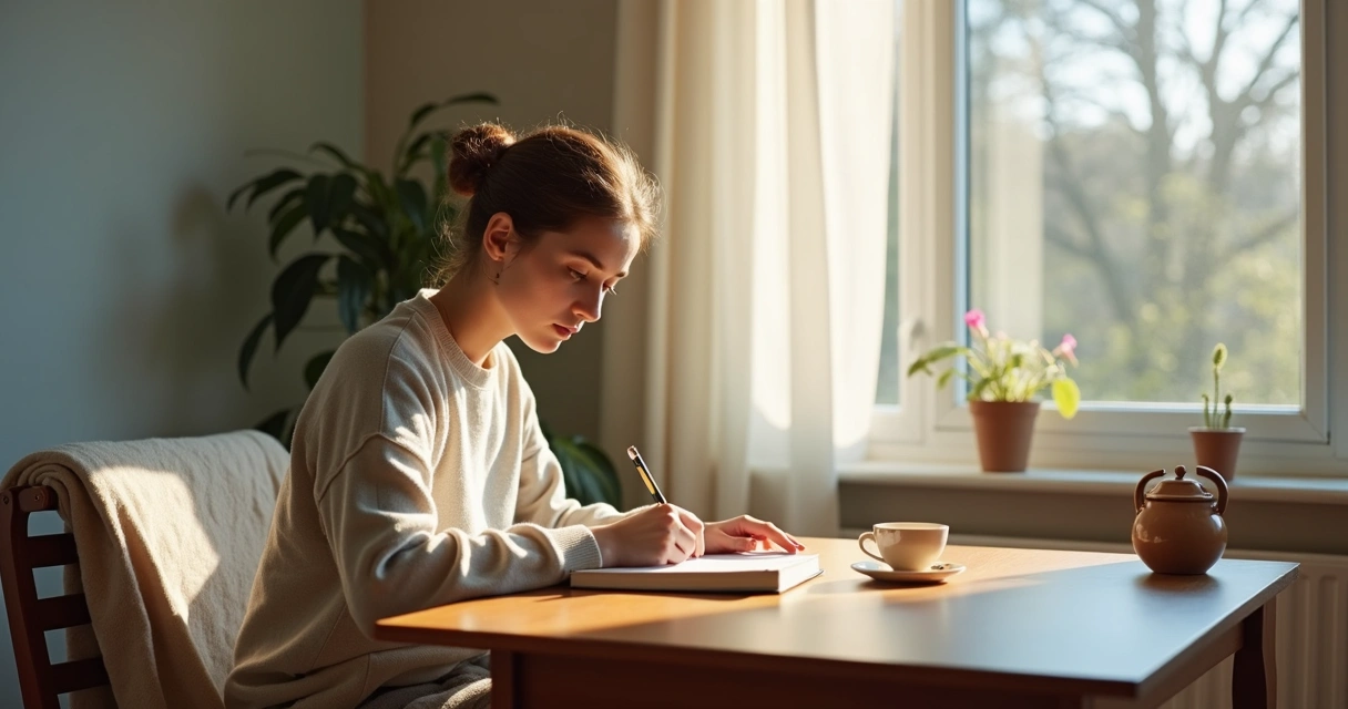 Person journaling by a window with calm natural light 