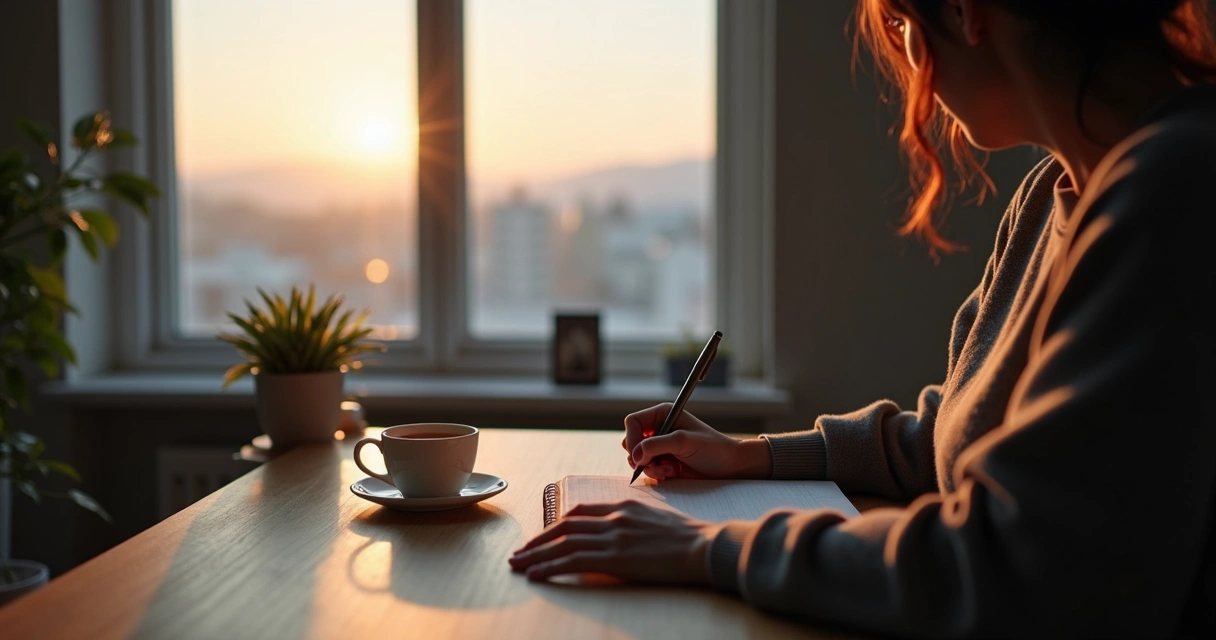 Person journaling beside a window at dawn